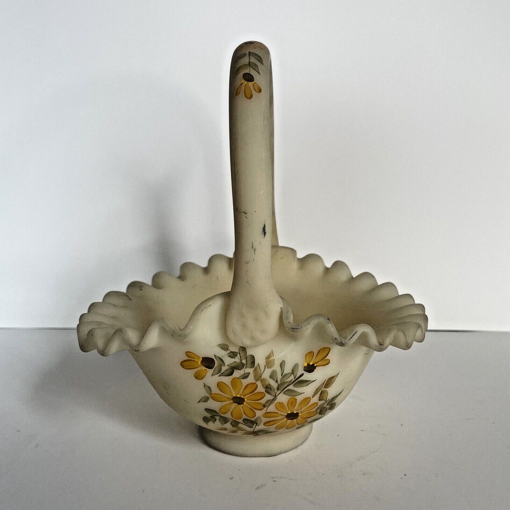VTG Fenton Cream Satin Custard Glass Basket Hand Painted Sunflowers By Kay‎ C